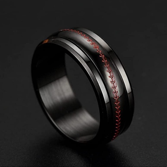 Stainless Steel Baseball Unisex Black & Red Fidget Spinner Ring Size 10 - Picture 10 of 13
